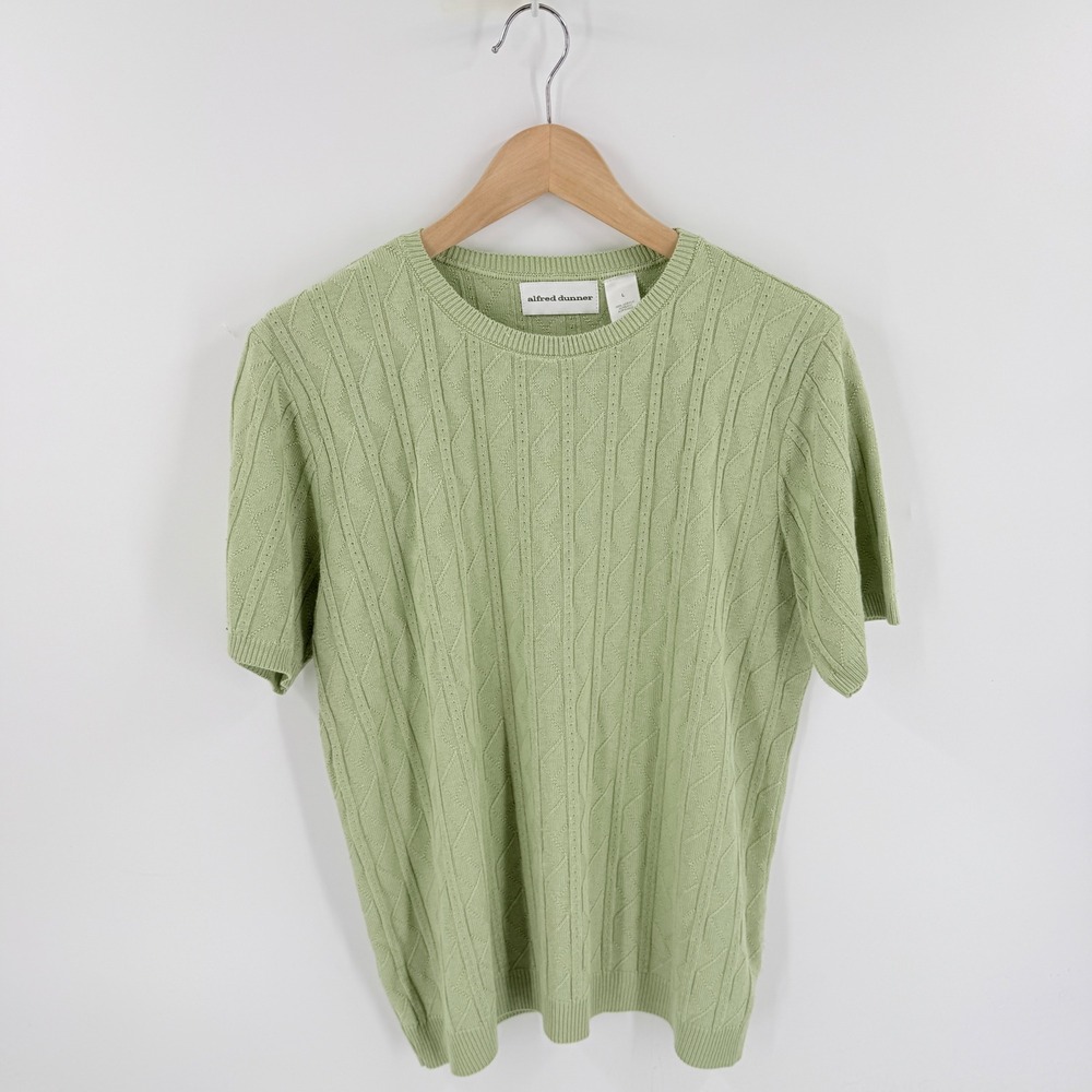 Alfred Dunner Short Sleeve Knit Sweater Green Large Vintage Cable Knit USA Made